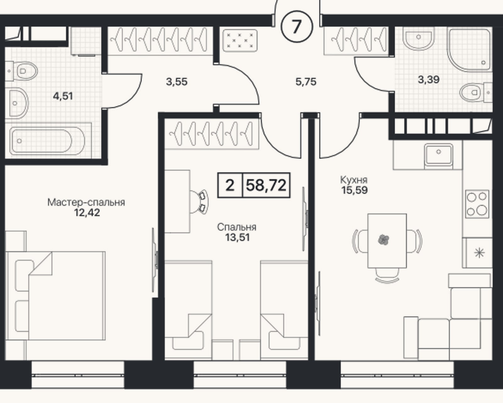 Планировка: 2-к, 58,7 м²