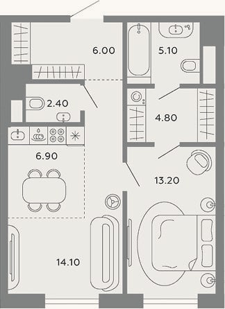 Планировка: 2-к, 52,5 м²