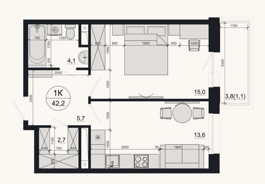 Планировка: 1-к, 41,1 м²