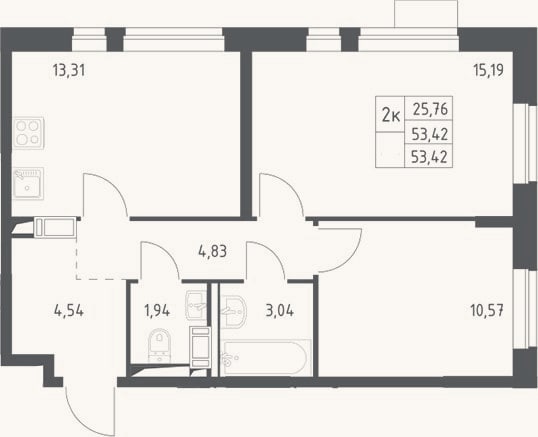 Планировка: 2-к, 53,4 м²
