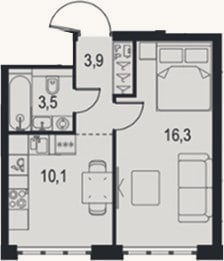Планировка: 1-к, 33,8 м²