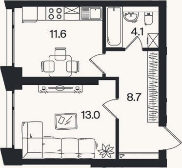 Планировка: 1-к, 37,4 м²