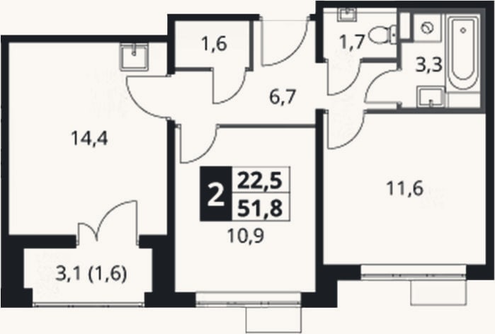 Планировка: 2-к, 50,2 м²