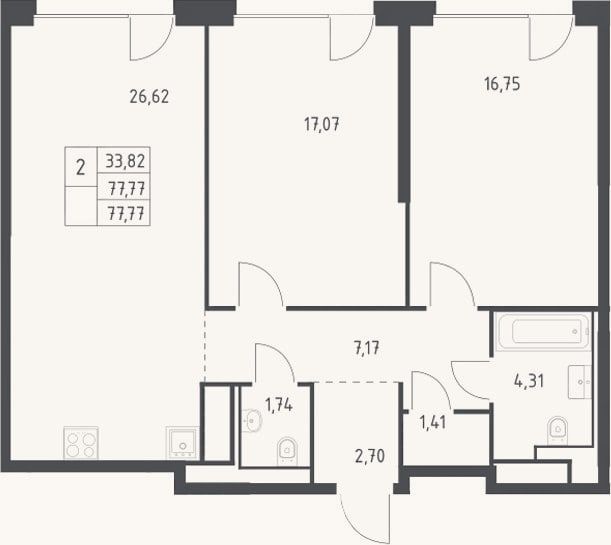 Планировка: 3-к, 77,8 м²