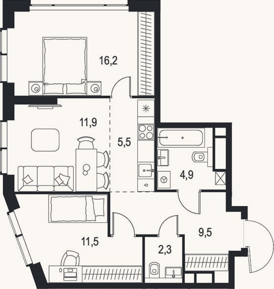 Планировка: 3-к, 61,8 м²