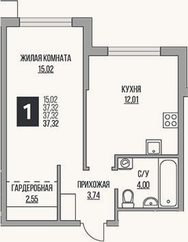 Планировка: 2-к, 37,3 м²