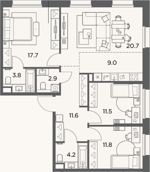 Планировка: 4+ к, 93,2 м²