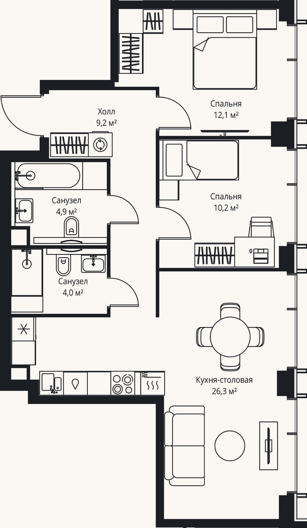 Планировка: 3-к, 66,7 м²