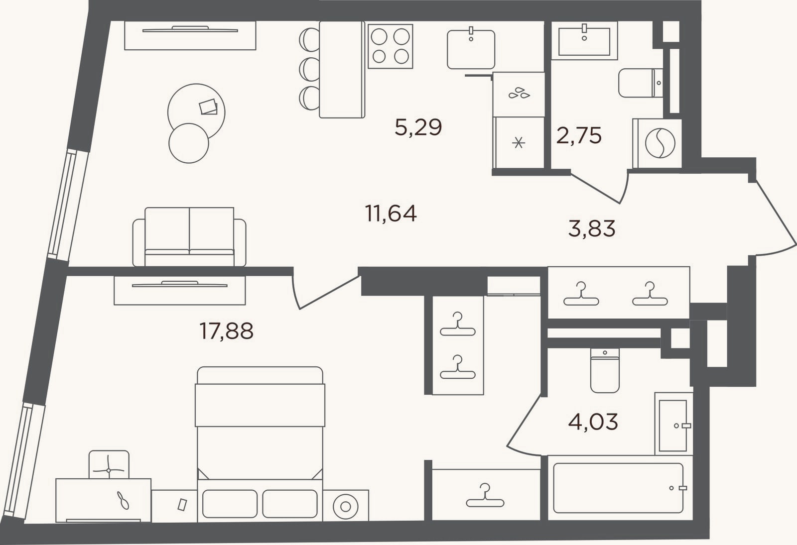 Планировка: 2-к, 45,4 м²
