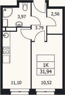 Планировка: 1-к, 31,9 м²