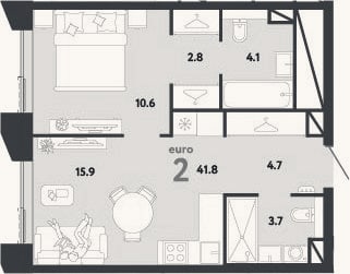 Планировка: 2-к, 41,8 м²