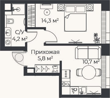 Планировка: 1-к, 34,9 м²