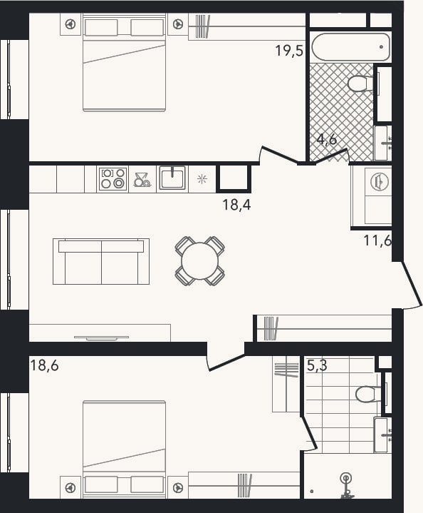 Планировка: 3-к, 77,6 м²