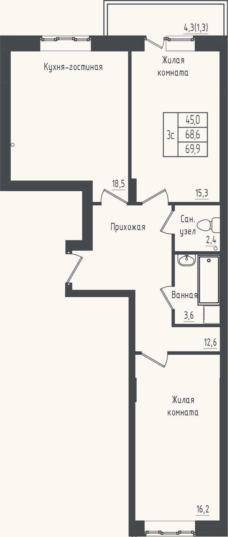 Планировка: 2-к, 68,6 м²