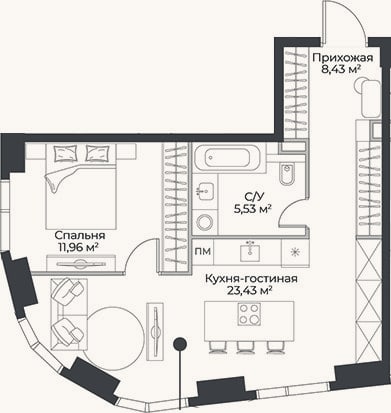 Планировка: 2-к, 49,4 м²