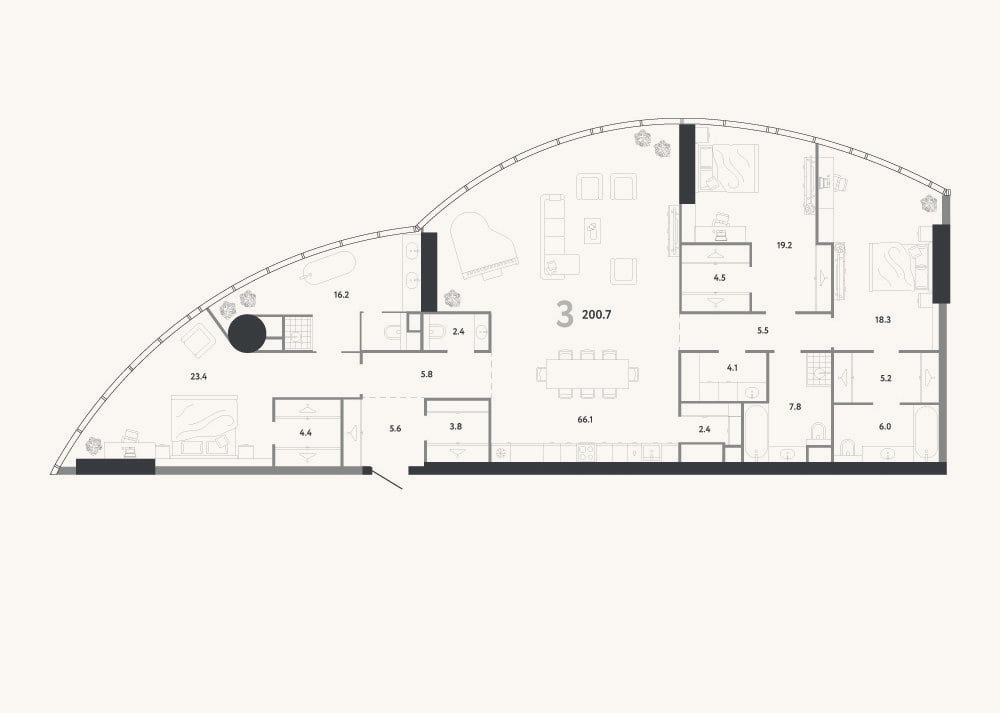 Планировка: 4+ к, 200,7 м²