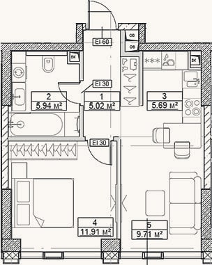 Планировка: 2-к, 38,3 м²