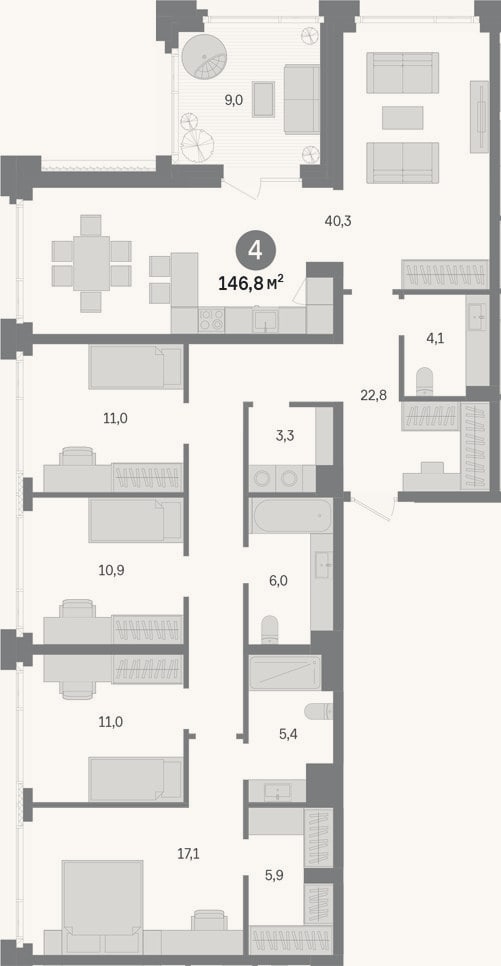 Планировка: 4+ к, 137,8 м²