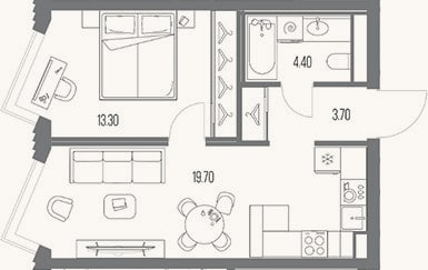 Планировка: 1-к, 41,1 м²