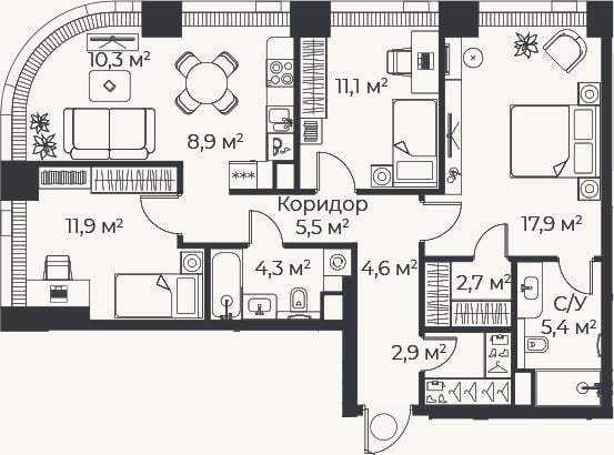 Планировка: 4+ к, 85,4 м²