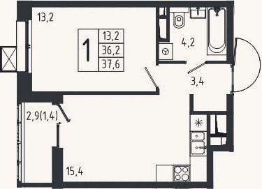 Планировка: 1-к, 36,2 м²