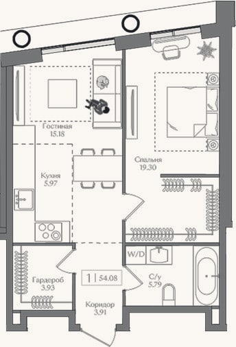 Планировка: 2-к, 54,1 м²