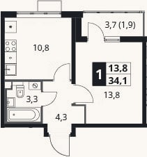Планировка: 1-к, 32,2 м²