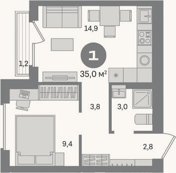 Планировка: 1-к, 33,8 м²