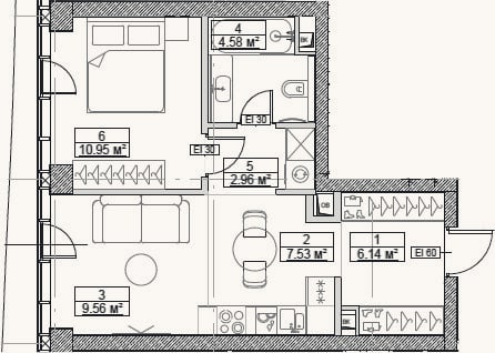 Планировка: 2-к, 41,7 м²