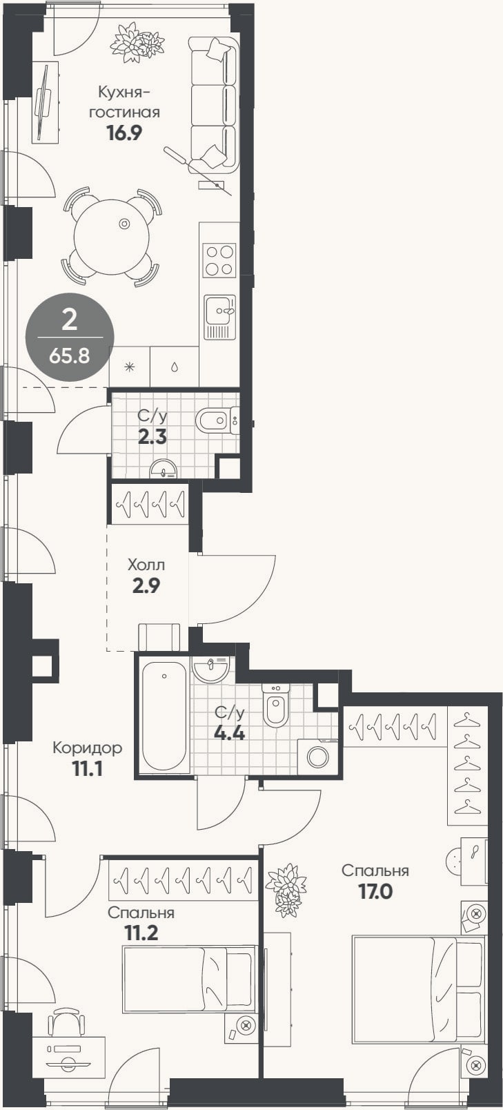 Планировка: 3-к, 65,8 м²