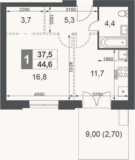 Планировка: 1-к, 41,9 м²