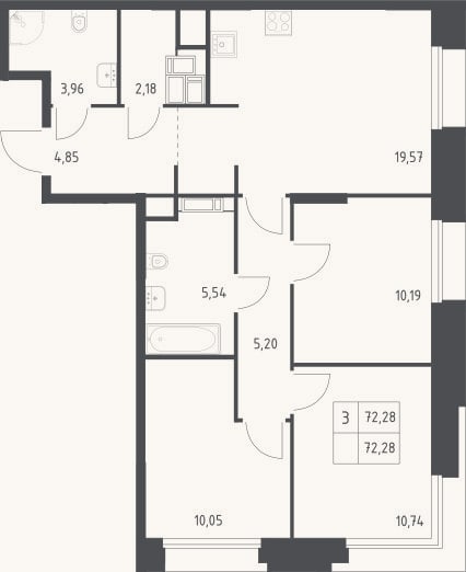 Планировка: 3-к, 72,3 м²