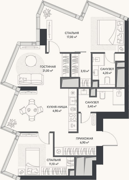 Планировка: 3-к, 73,6 м²