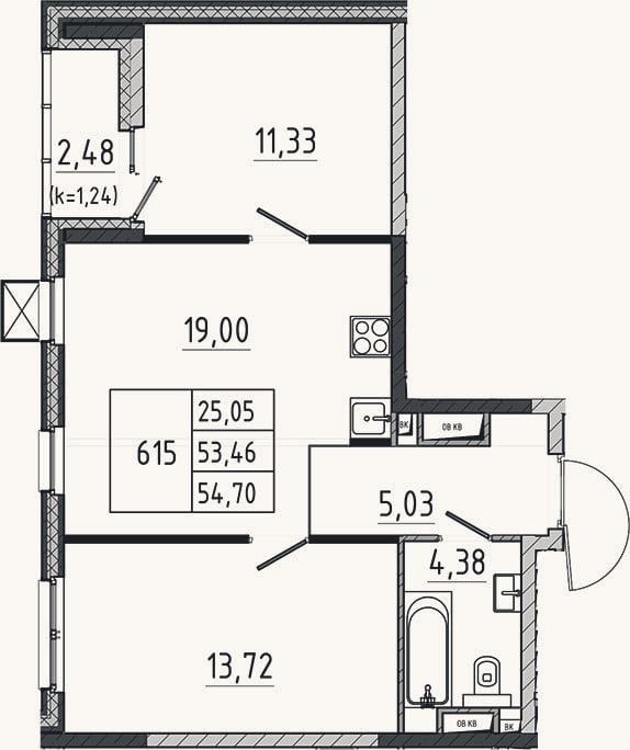 Планировка: 3-к, 53,5 м²