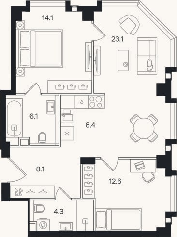Планировка: 3-к, 74,7 м²