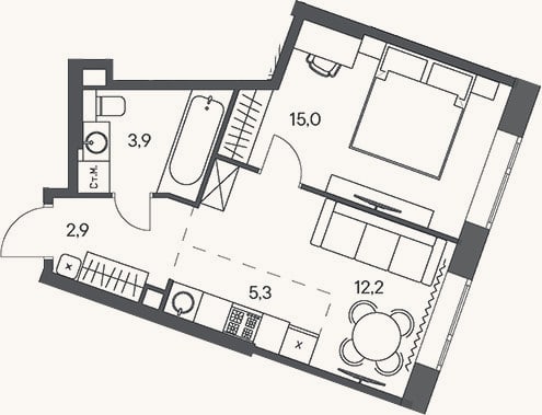 Планировка: 2-к, 39,3 м²