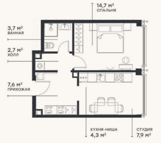Планировка: 2-к, 40,8 м²