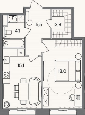 Планировка: 1-к, 47,5 м²