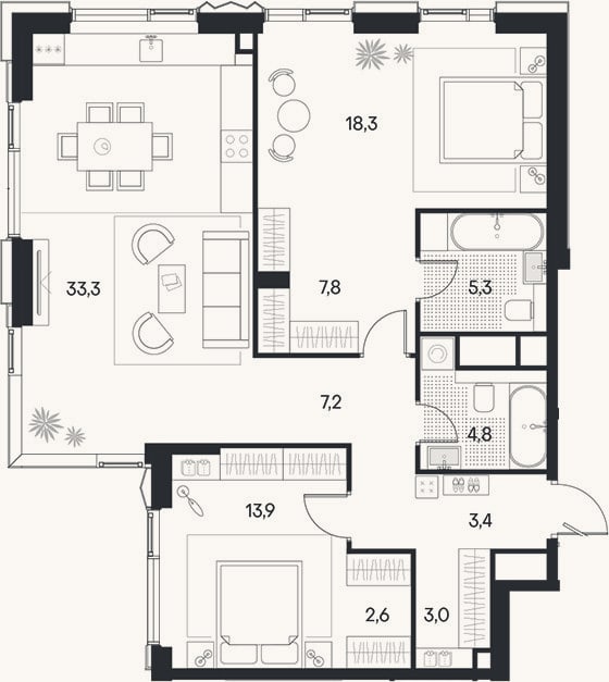 Планировка: 3-к, 99,6 м²