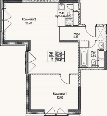 Планировка: 2-к, 50,5 м²