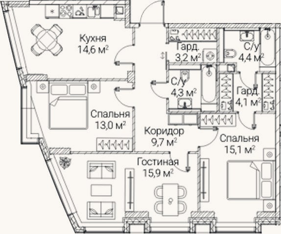 Планировка: 3-к, 84,3 м²