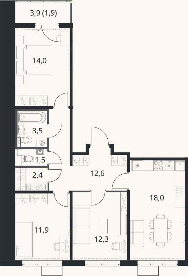 Планировка: 4+ к, 76,2 м²