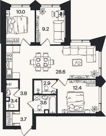 Планировка: 4+ к, 77,6 м²