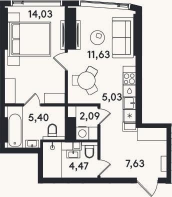 Планировка: 2-к, 50,3 м²