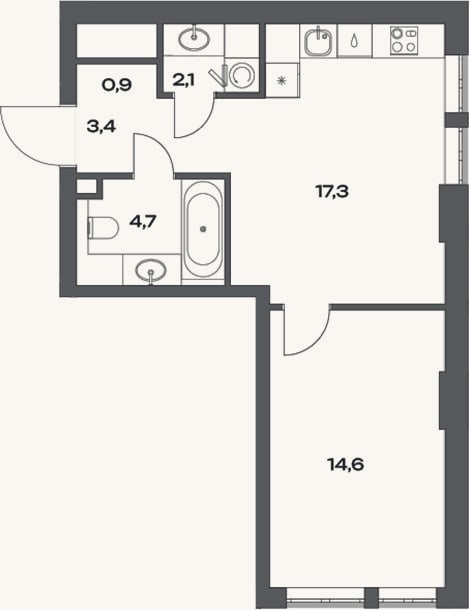 Планировка: 2-к, 43 м²