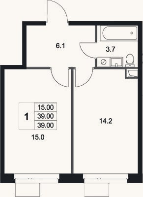 Планировка: 1-к, 39 м²