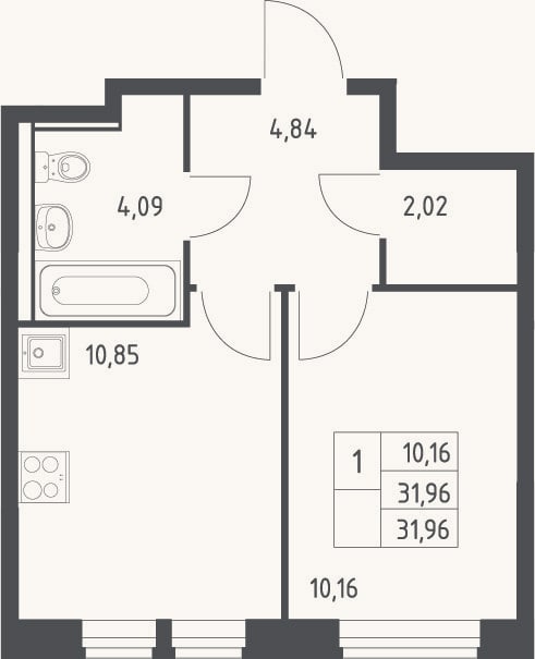 Планировка: 1-к, 32 м²