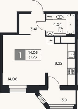 Планировка: 1-к, 29,7 м²
