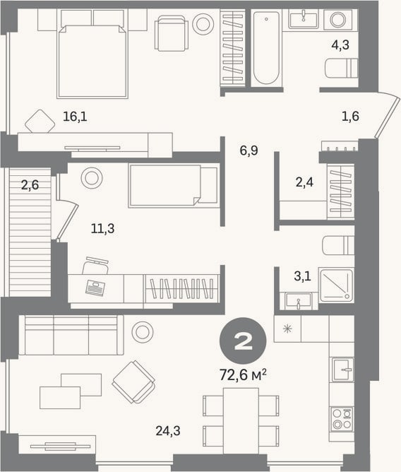 Планировка: 2-к, 70 м²