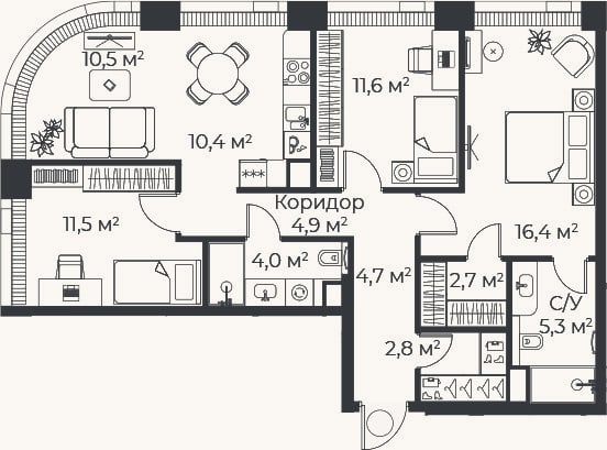 Планировка: 4+ к, 84,6 м²